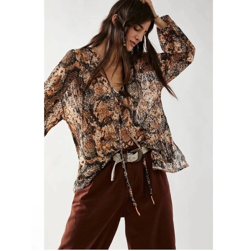 Free People Oversize Sheer Snakeskin Print Top Womens XS Orange Black Boho Indie